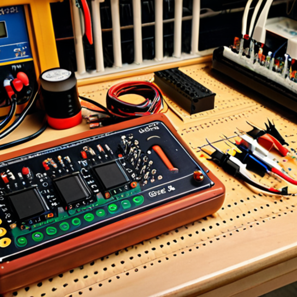 ** A workbench cluttered with electronic components (resistors, capacitors, inductors) and a multimeter, with a close-up view of a breadboard showcasing a simple circuit with an LED. Focus on a warm, inviting atmosphere, hinting at a passion for tinkering and electronics.

**