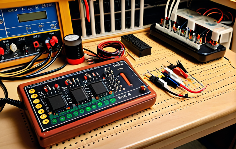 ** A workbench cluttered with electronic components (resistors, capacitors, inductors) and a multimeter, with a close-up view of a breadboard showcasing a simple circuit with an LED. Focus on a warm, inviting atmosphere, hinting at a passion for tinkering and electronics.
**