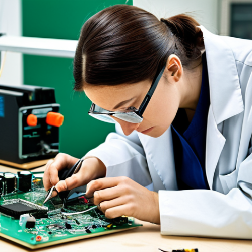 Home 28 **
"A skilled female electronics technician in a clean, well-lit workshop, wearing a professional lab coat and safety glasses, carefully soldering components onto a circuit board, fully clothed, appropriate attire, safe for work, perfect anatomy, natural proportions, focused expression, well-formed hands, proper finger count, high-resolution image, professional setting, modest."
**