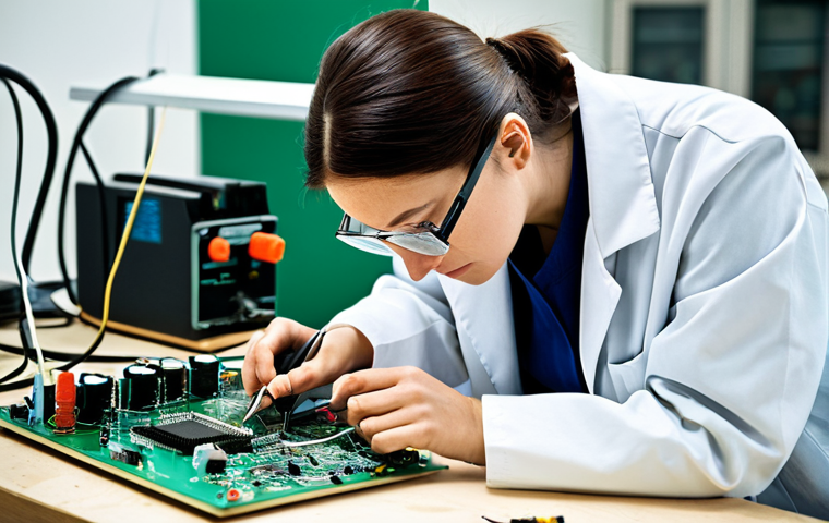 **

"A skilled female electronics technician in a clean, well-lit workshop, wearing a professional lab coat and safety glasses, carefully soldering components onto a circuit board, fully clothed, appropriate attire, safe for work, perfect anatomy, natural proportions, focused expression, well-formed hands, proper finger count, high-resolution image, professional setting, modest."

**