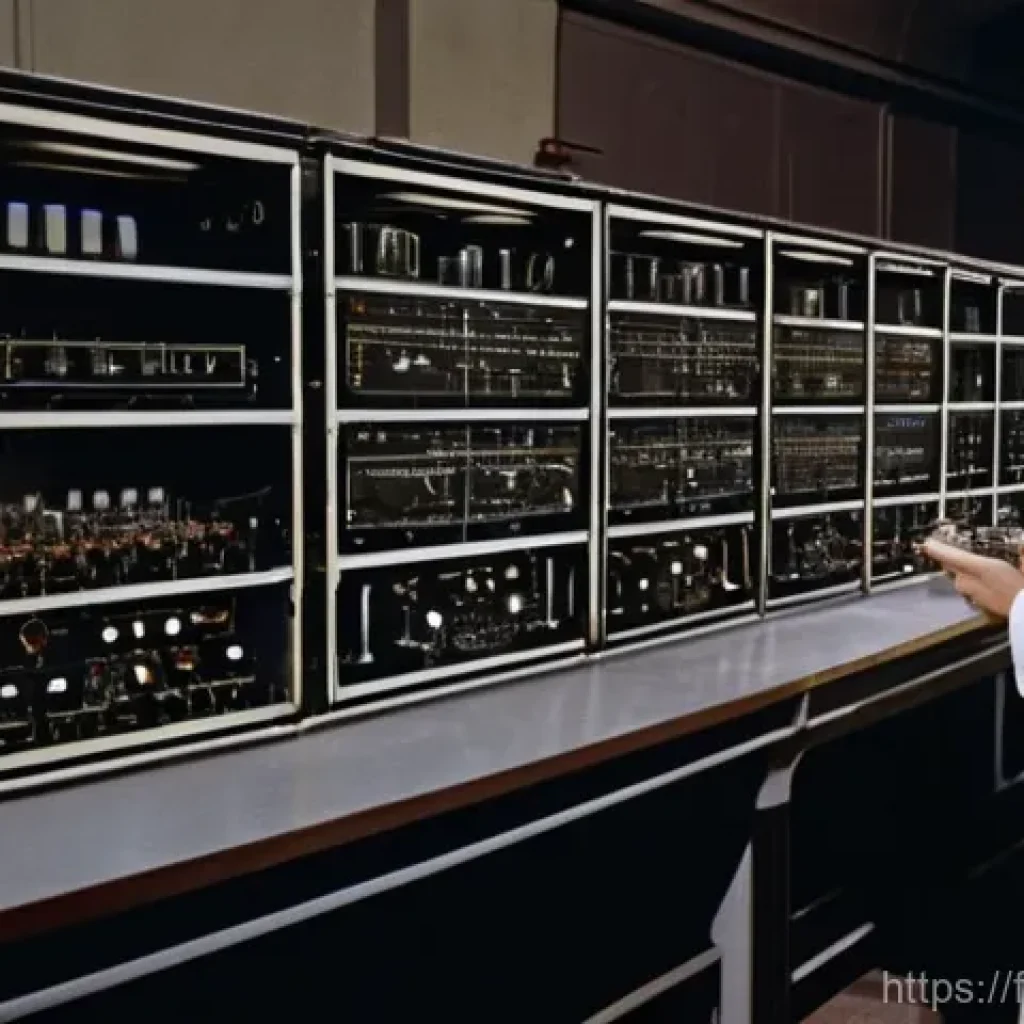 전자기술사 관련 전자회로 설계 사례 - A highly detailed, wide-angle shot of a 1940s-era electronics laboratory. In the foreground, focused...