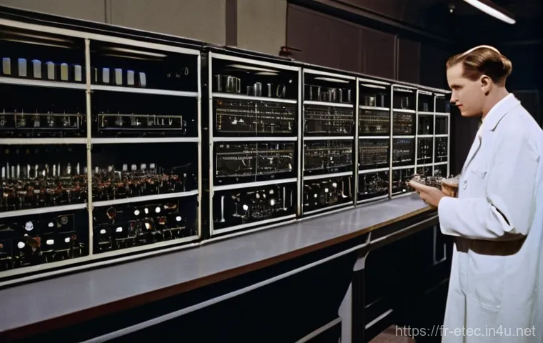 전자기술사 관련 전자회로 설계 사례 - A highly detailed, wide-angle shot of a 1940s-era electronics laboratory. In the foreground, focused...