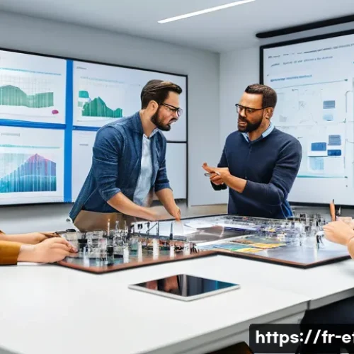 Home 31 전자기술사와 관련된 프로젝트 관리 - A diverse team of engineers in a bright, modern electronics lab, actively engaged in an Agile sprint...