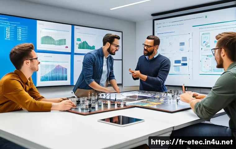 전자기술사와 관련된 프로젝트 관리 - A diverse team of engineers in a bright, modern electronics lab, actively engaged in an Agile sprint...