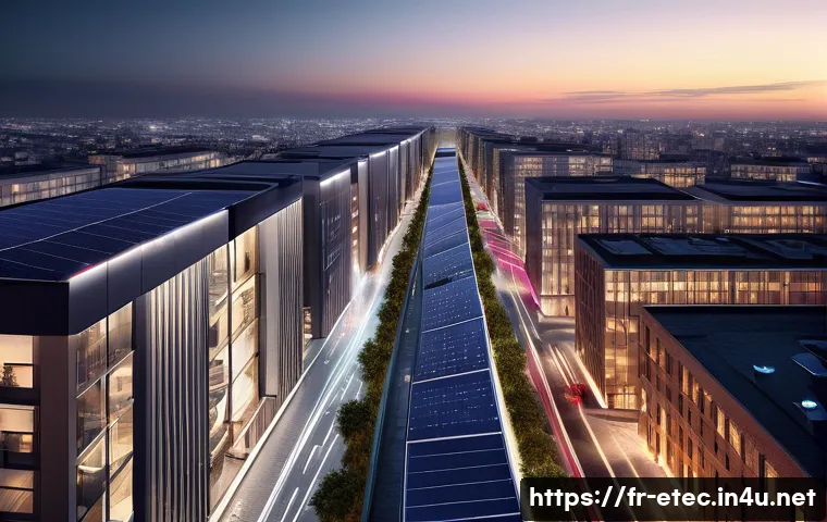 전자기술사와 관련된 최신 공학 연구 결과 - **Prompt:** A futuristic, eco-friendly cityscape at dusk, illuminated by advanced smart grid technol...