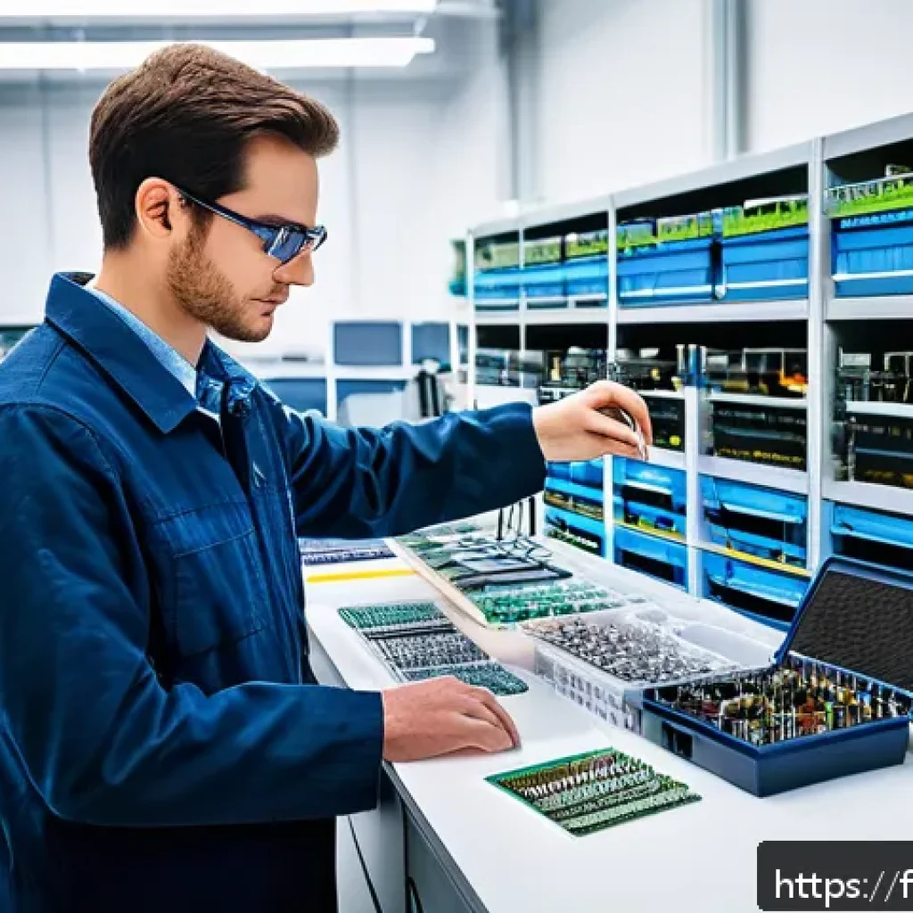 전자기술사와 관련된 프로젝트 진행 경험 - A modern electronics laboratory scene showcasing an engineer carefully selecting high-quality electr...