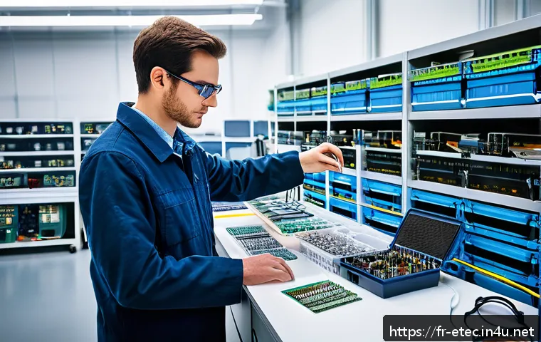 전자기술사와 관련된 프로젝트 진행 경험 - A modern electronics laboratory scene showcasing an engineer carefully selecting high-quality electr...