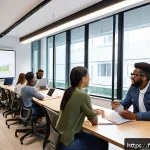 전자기술사 스터디 그룹 운영 방법 - A modern, well-lit collaborative workspace designed for focused group study sessions: spacious room ...