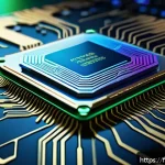 전자기술사와 AI 기술 활용 사례 - A highly detailed, futuristic microchip design showcasing an ASIC processor specialized for artifici...