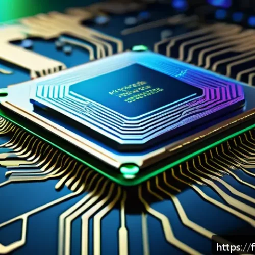 전자기술사와 AI 기술 활용 사례 - A highly detailed, futuristic microchip design showcasing an ASIC processor specialized for artifici...