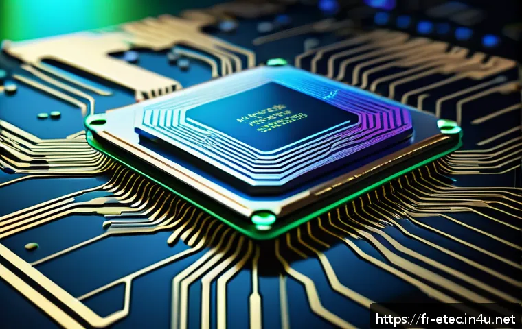 전자기술사와 AI 기술 활용 사례 - A highly detailed, futuristic microchip design showcasing an ASIC processor specialized for artifici...