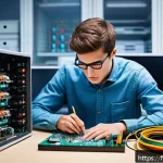 전자기술사 실기시험에서 발생할 수 있는 실수 - A focused young adult male electrical engineering student working diligently at a well-organized wor...
