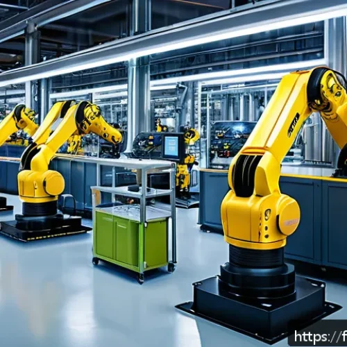 전자기술사와 4차 산업혁명 기술 융합 - A futuristic smart factory interior showcasing advanced industrial automation: robotic arms equipped...