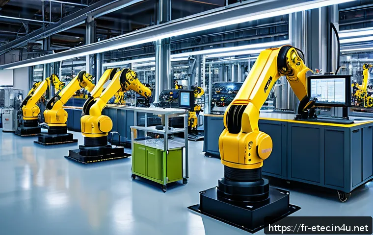 전자기술사와 4차 산업혁명 기술 융합 - A futuristic smart factory interior showcasing advanced industrial automation: robotic arms equipped...