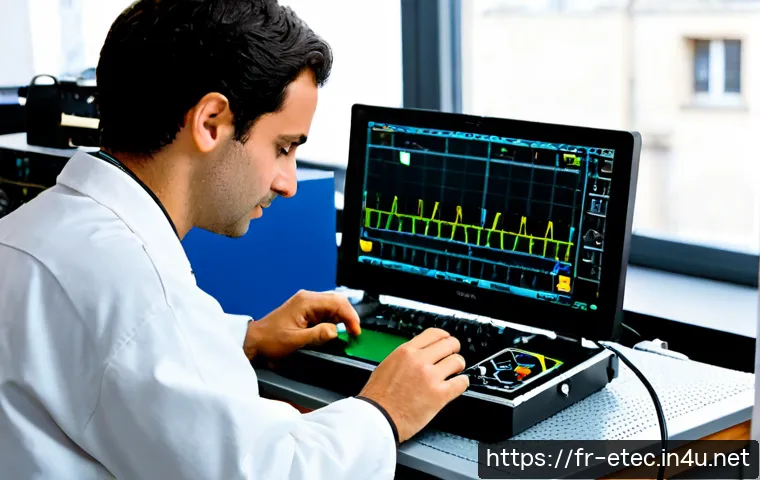 전자기술사 취득 이후 실무 능력 향상 방법 - Photorealistic French electronics engineer in a modern Paris-area laboratory, carefully testing a co...